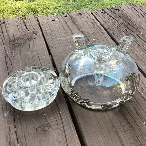 Vintage Iridescent Glass Flower Frog Vase Bowl Silver Overlay Floral Design - Picture 4 of 5